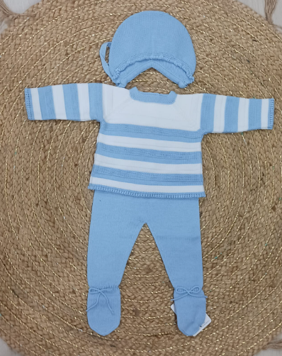 JERSEY CELESTE Y BLANCO RAYAS+ POLAINA CELESTE + CAPOTA  DE HILO GRANLEI