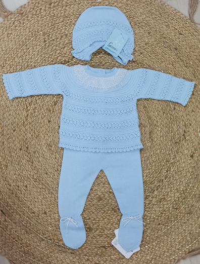 JERSEY CELESTE CON PUNTILLA + POLAINA CELESTE + CAPOTA DE HILO GRANLEI