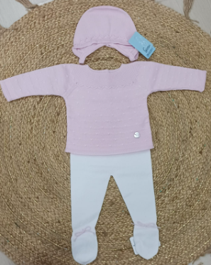 JERSEY ROSADO CON TOPOS RELIEVE + POLAINA BLANCA + CAPOTA DE HILO GRANLEI